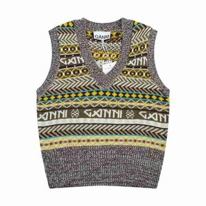 Ganni V-Neck Sweater Vest with Brown, Yellow, and Gray Pattern
